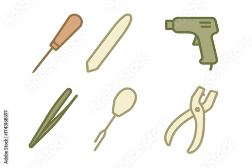 Essential craft and utility tools collection including glue gun, awl, tweezers, and punch