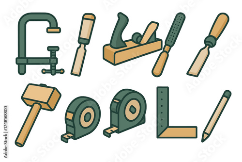 Essential carpentry and construction tools including plane, chisel, clamp, and measuring tape