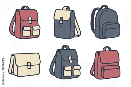 Set of six modern backpacks and satchels in different styles for school or travel