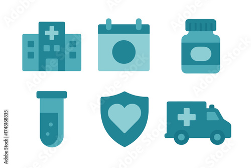 Essential medical and healthcare service symbols set in modern flat design style