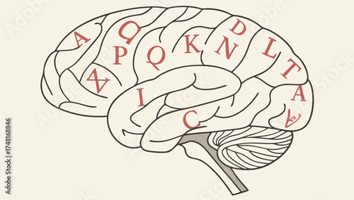 Stylized Illustration of the Human Brain with Alphabetical Markers.