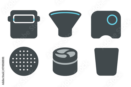 Set of six abstract industrial components or technical parts in dark gray and blue colors