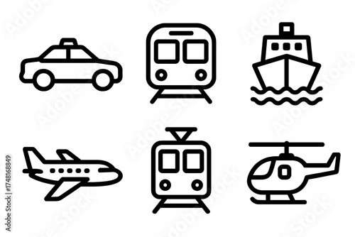 Minimalist black outline set of global transportation vehicles and travel methods