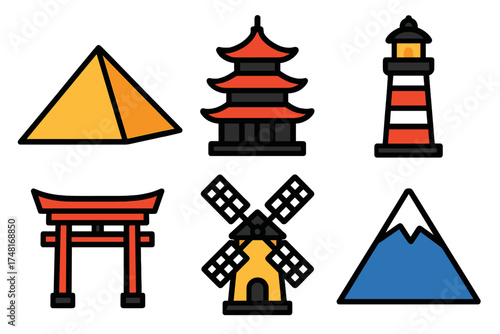 Colorful flat icons set of famous international travel landmarks and historical buildings