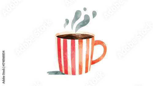Hot Steaming Coffee in Striped Mug for Cafe Breakfast Vector Illustration