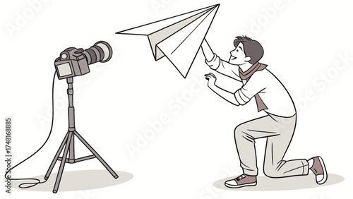 Person launching paper airplane towards camera on tripod stand.