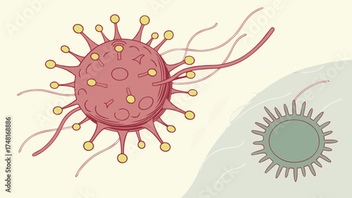 Stylized illustration of two viruses microscopic pathogen medical research healthcare concept.