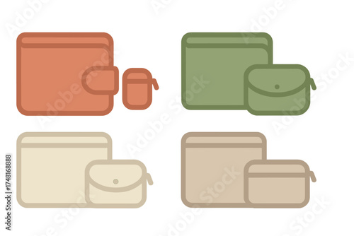 Four stylized accessory pouches and cases in muted colors for storage and travel