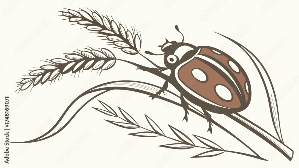 Fototapeta premium Stylized Ladybug on Wheat Stalks Nature Illustration for Design Projects.