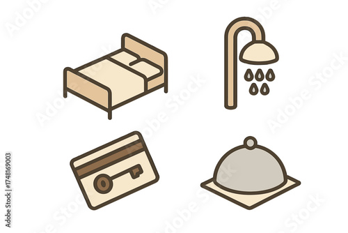 Isometric symbols for essential hotel services: comfortable bed, shower, key card, and room service