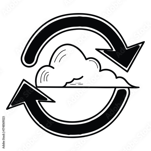Cloud Data Cycle Doodle Vector: Data Refresh, Information Rotation, Server Renewal Concept with Arrows and Cloud