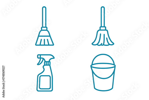 Essential household cleaning tools set including broom mop spray bottle and bucket icons