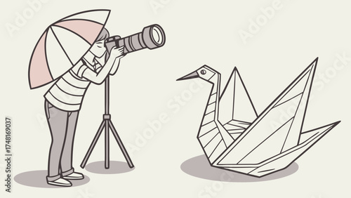 Photographer taking a picture of origami bird studio shoot illustration art design hobby creativity.