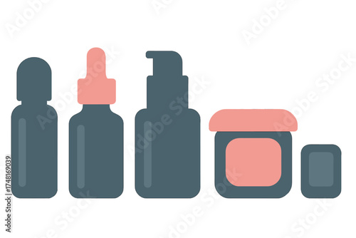 Modern cosmetic packaging set with dropper bottle pump dispenser and cream jar in flat style