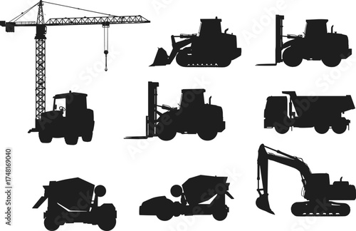 Construction vehicle silhouettes, heavy machinery icons, crane, bulldozer, forklift, cement mixer, excavator, dump truck, loader