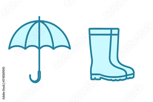 Open umbrella and rubber rain boots representing protection against wet weather