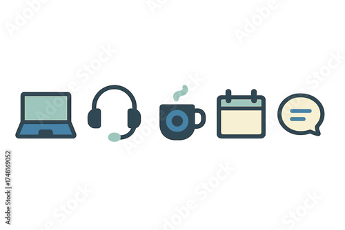 Essential icons set for remote work, digital communication, technology, scheduling, and customer support