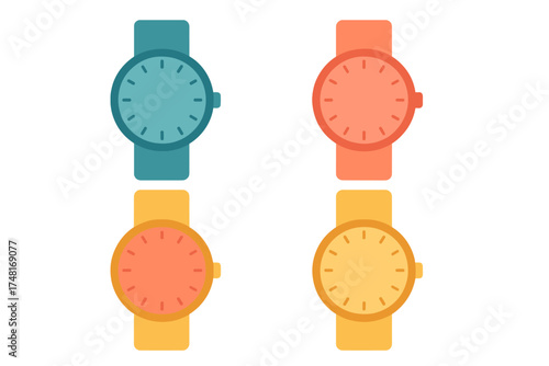 Four colorful minimalist analog wristwatches with simple straps and faces