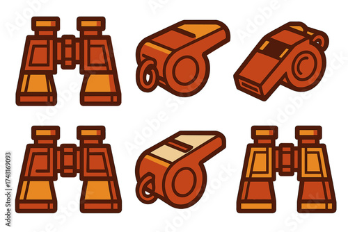 Stylized collection of icons showing binoculars and whistles for outdoor sports