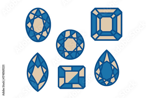 Collection of six stylized blue sapphire gemstones in various cuts and shapes on a white background