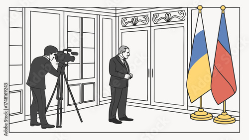 Press conference interview news media official event formal cameraman filming television broadcasting video recording politician statesman suit business professional indoor roo.