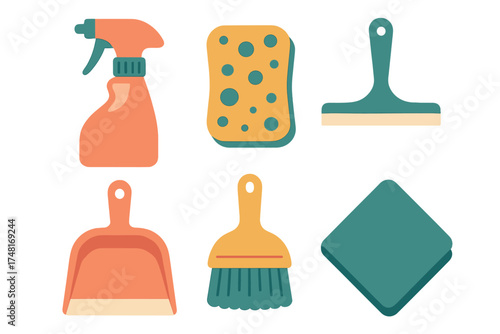 Collection of household cleaning supplies including spray bottle, sponge, squeegee, dustpan, and brush