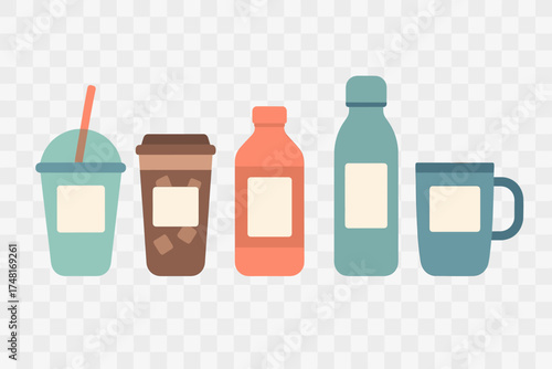 Assortment of colorful drink containers including disposable cups, reusable bottles, and a ceramic mug
