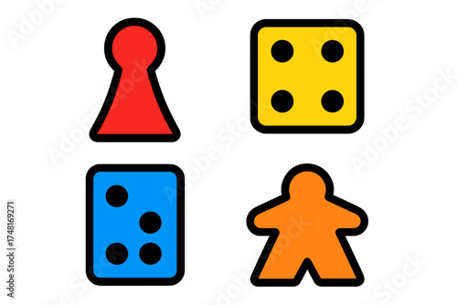 Colorful collection of classic board game components dice pawn and meeple figures