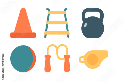 Collection of colorful flat design icons representing various sports and fitness training equipment