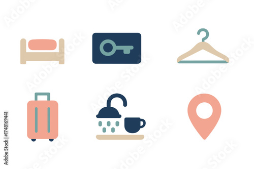 Minimalist symbols and icons for hotel services, travel amenities, check-in, and location