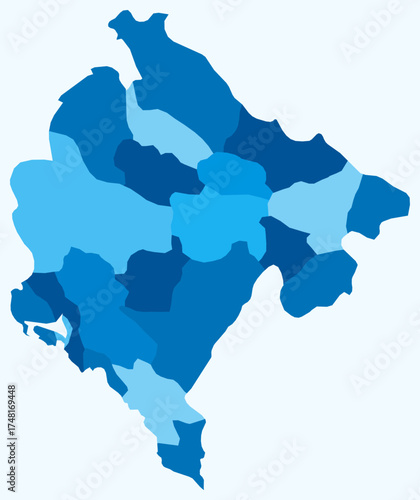 Map of Montenegro with regions. Just a simple country border map with region division. Light blue color palette. Plain Montenegro shape with administrative division. Vector illustration.