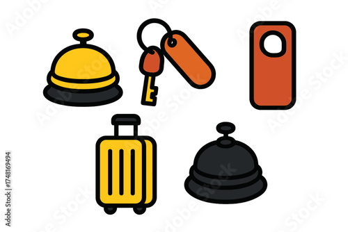 Hotel service icons set with reception bell, room key, door hanger, and travel luggage