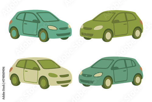 Set of four compact hatchback automobiles used for urban transportation and commuting