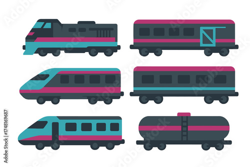 Modern railway transport elements set featuring locomotives, passenger carriages, and freight cars
