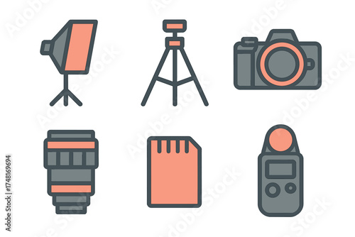 Set of essential photography equipment icons including camera, lens, tripod, and memory card