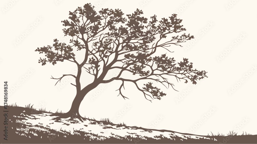 Fototapeta premium Stylized Tree Silhouette on Hillside Nature Illustration Graphic Design Element.