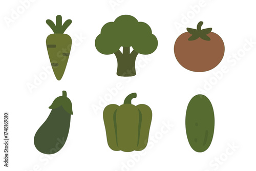 Stylized set of common garden produce: carrot, broccoli, tomato, eggplant, pepper, and cucumber