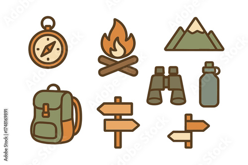Collection of essential outdoor adventure and camping equipment symbols including compass and campfire