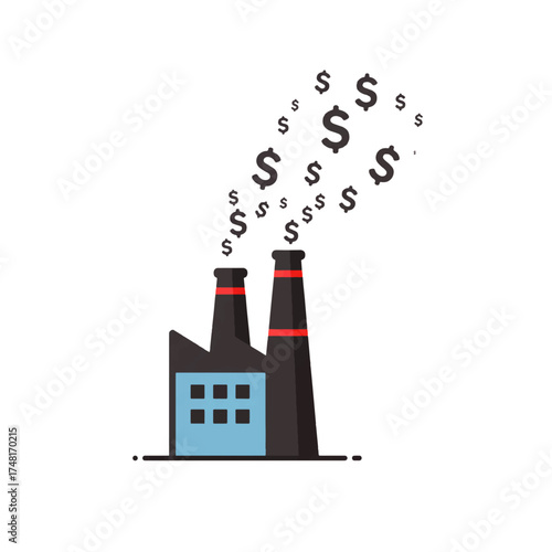 Illustration depicting a factory emitting smoke shaped like dollar signs, symbolizing financial impact.