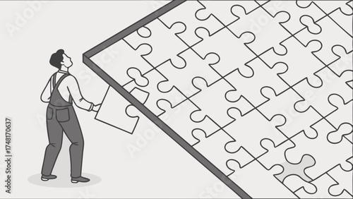 Solving a Giant Jigsaw Puzzle Concept Illustration of Problem Solving and Teamwork.