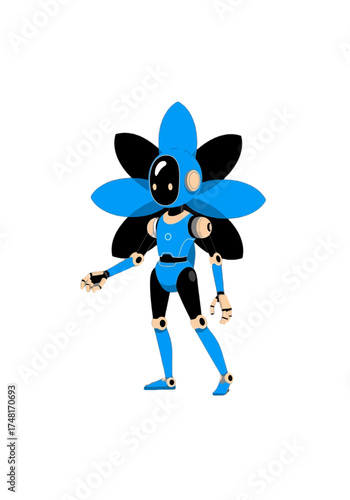 Cute Flat Blue Robot With Flower Head Illustration