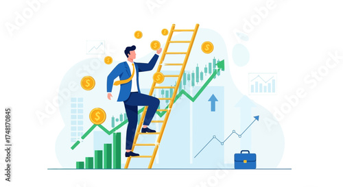 Businessman climbs ladder to success with financial growth and career aspirations