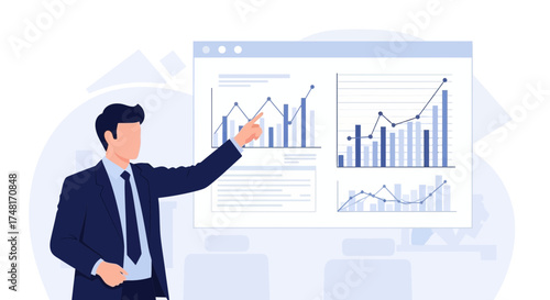 Businessman Presenting Financial Data on Screen with Graph Analysis Illustration