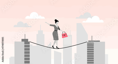 Businesswoman balancing on a tightrope symbolizes risk and equilibrium in career path