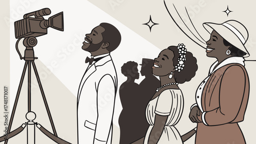 Vintage Film Premiere Elegant People Retro Camera Hollywood Glamour Classic Style Illustration.