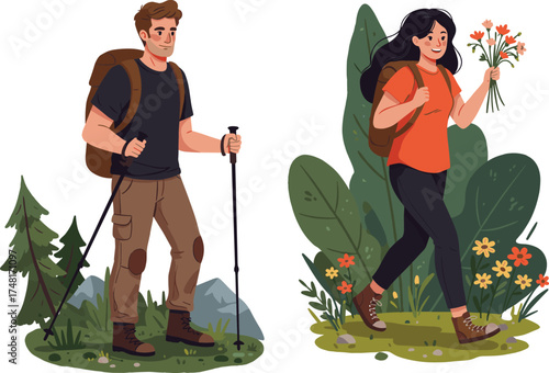 Hiking couple in nature, outdoor adventure scene, floral and forest background, trekking gear illustration, peaceful walk, cad drawing flat vector illustration