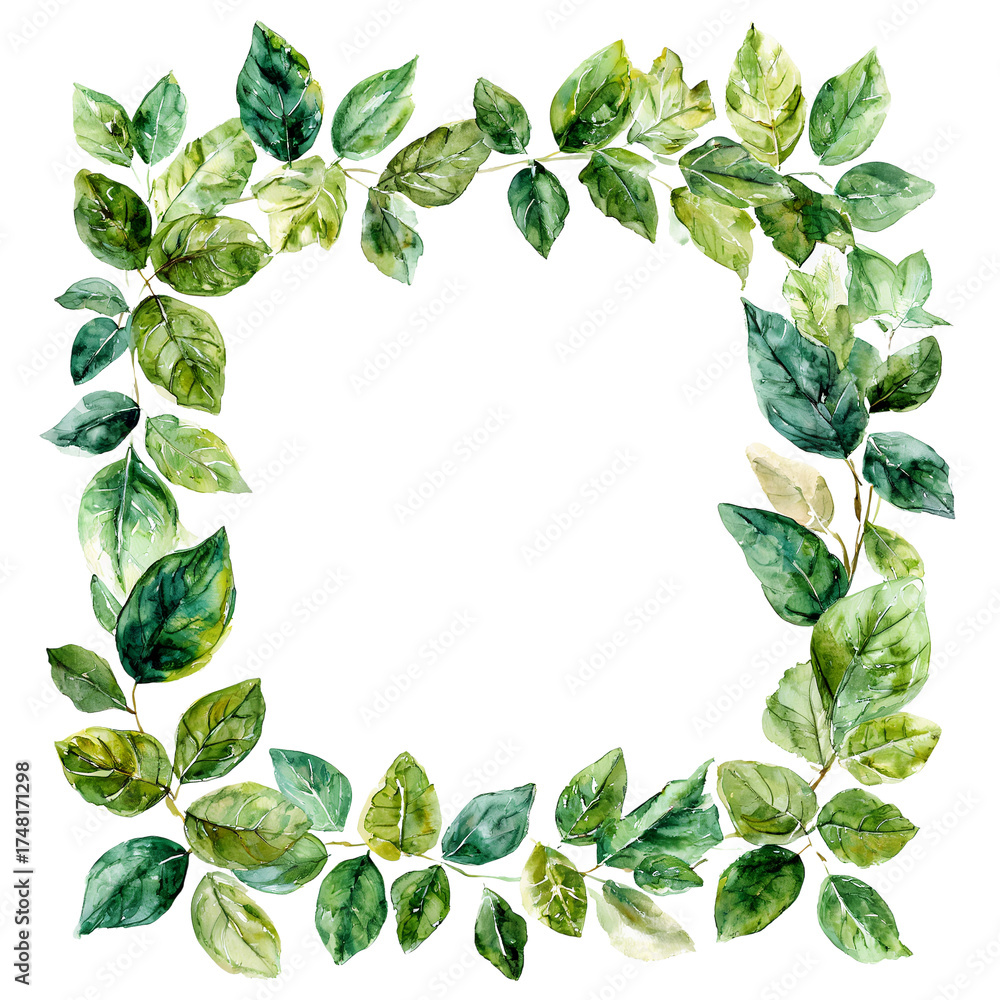 Fototapeta premium a delicate watercolor wreath of lush green leaves forms a square frame on a white background.