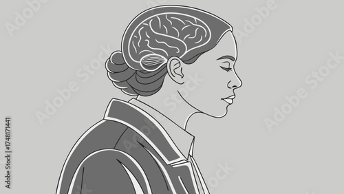 Womans profile with visible brain illustration grayscale minimalist design psychology concept mental health neurological illustration healthcare medical science anatomy thinking mind.