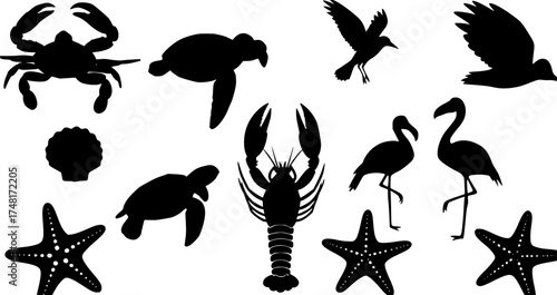 Tropical marine animal silhouette set in bold blue. Includes crab, turtle, flamingo, toucan, lobster, starfish, and birds. Perfect for beach, summer, and ocean-themed designs.