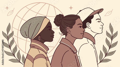Three Diverse Individuals Silhouetted Against a Global Theme Stylish Line Art Illustration for Diversity Inclusion and Global Community Concepts.